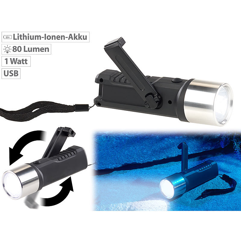 Lunartec Dynamo-LED-Taschenlampe, 80 Lumen, 1 Watt, auch per USB ladbar