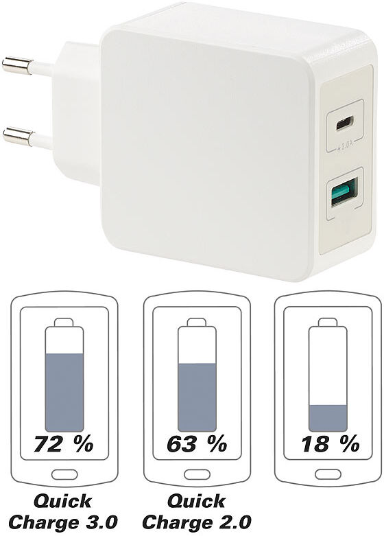 revolt Reise-USB-C-Netzteil mit Quick Charge 3.0, USB Typ C & A, 6 A / 33 W