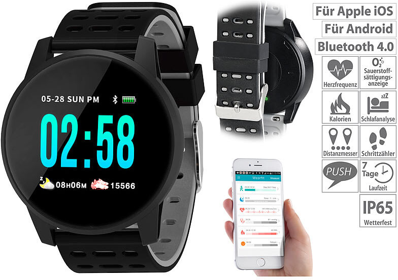 newgen medicals Fitness-Uhr mit Herzfrequenz- und Nachrichten-Anzeige, Bluetooth, IP65