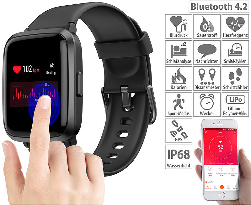 newgen medicals Fitness-Armband mit Glas-Touchscreen-Display, SpO2-Anzeige, App, IP68