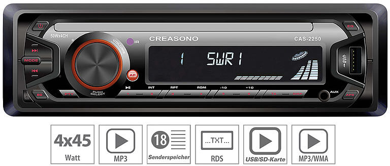 Creasono MP3-RDS-Autoradio CAS-2250 mit USB-Port & SD-Slot, 4x 45 W