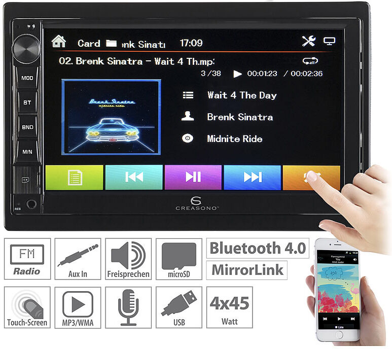 Creasono 2-DIN-MP3-Autoradio mit Touchdisplay, Bluetooth, Freisprecher, 4x 45 W
