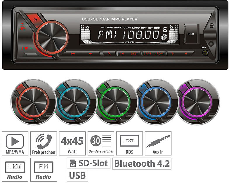 Creasono MP3-Autoradio mit Bluetooth & Freisprechfunktion, RDS, USB, SD, 4x45 W