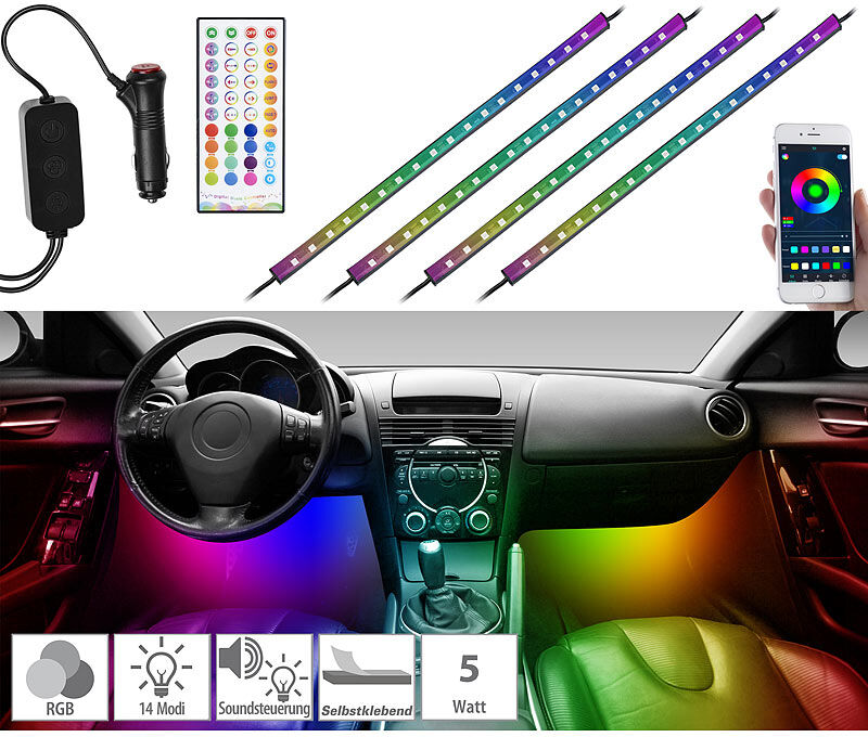 Lescars 4er-Set Kfz-LED-RGB-Streifen mit Fernbedienung, Bluetooth, App