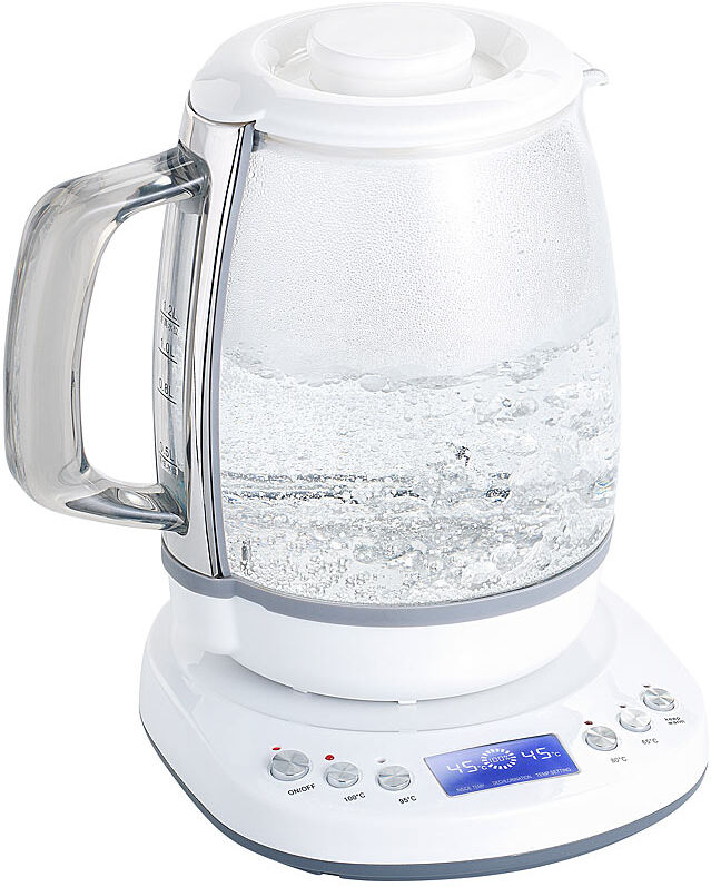 Rosenstein & Söhne Glas-Wasserkocher mit Warmhaltefunktion, 4 Temperaturen, 1,2 l, 1200 W