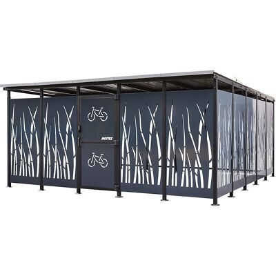 Fahrradunterstand, HxB 2360 x 5600 mm, Schilfrohr, Tiefe 5150 mm, Grundeinheit Mottez Fahrradunterstand, HxB 2360 x 5600 mm, Schilfrohr, Tiefe 5150 mm, Grundeinheit Mottez