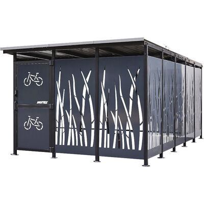 Fahrradunterstand, HxB 2360 x 5600 mm, Schilfrohr, Tiefe 3150 mm, Grundeinheit Mottez Fahrradunterstand, HxB 2360 x 5600 mm, Schilfrohr, Tiefe 3150 mm, Grundeinheit Mottez