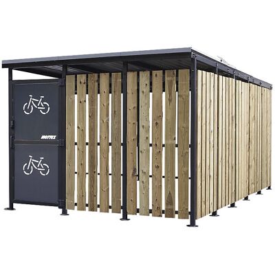 Fahrradunterstand, HxB 2360 x 5600 mm, Blech/Holz, Tiefe 3150 mm, Grundeinheit Mottez Fahrradunterstand, HxB 2360 x 5600 mm, Blech/Holz, Tiefe 3150 mm, Grundeinheit Mottez