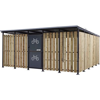 Fahrradunterstand, HxB 2360 x 5600 mm, Blech/Holz, Tiefe 5150 mm, Grundeinheit Mottez Fahrradunterstand, HxB 2360 x 5600 mm, Blech/Holz, Tiefe 5150 mm, Grundeinheit Mottez