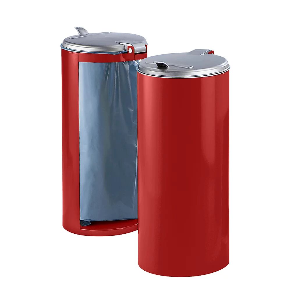 VAR Stahlblech-Abfallsammler für Volumen 120 l, Front verblendet rot mit silberfarbenem Kunststoffdeckel