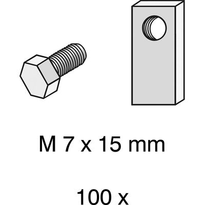 Schrauben, M 7 x 15 mm, VE 100 Stk, mit Spezialmuttern hofe Schrauben, M 7 x 15 mm, VE 100 Stk, mit Spezialmuttern hofe