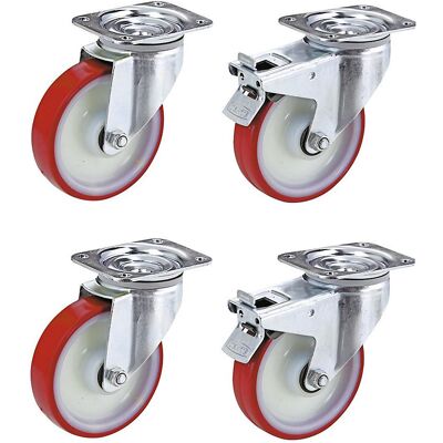 Set aus Polyurethan-Reifen auf Polyamid-Felge, 2 Lenkrollen, 2 Lenkrollen mit Doppelstopp, Rad-Ø x Breite 100 x 32 mm TENTE Set aus Polyurethan-Reifen auf Polyamid-Felge, 2 Lenkrollen, 2 Lenkrollen mit Doppelstopp, Rad-Ø x Breite 100 x 32 mm TENTE