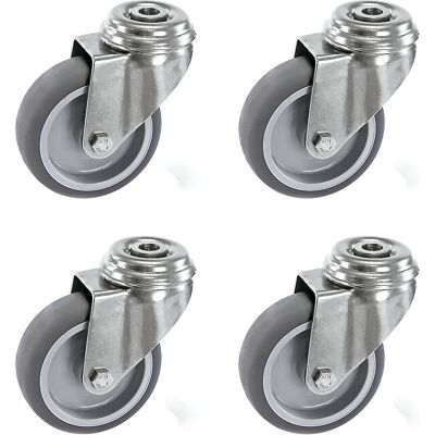 Set aus thermoplastischen Gummireifen, Gehäuse Edelstahl, mit Rückenloch, 4 Lenkrollen, Rad-Ø x Breite 50 x 19 mm Proroll Set aus thermoplastischen Gummireifen, Gehäuse Edelstahl, mit Rückenloch, 4 Lenkrollen, Rad-Ø x Breite 50 x 19 mm Proroll