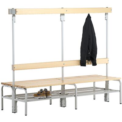 Umkleidebank mit Hakenleisten, beidseitig, 8 Haken 1500 mm, lichtgrau, Schuhrost Sypro Umkleidebank mit Hakenleisten, beidseitig, 8 Haken 1500 mm, lichtgrau, Schuhrost Sypro