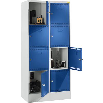 Akku-Ladeschrank mit Schließfächern, mit 2 x 4 Fächern, 2 x 230 V, grau / blau LISTA Akku-Ladeschrank mit Schließfächern, mit 2 x 4 Fächern, 2 x 230 V, grau / blau LISTA