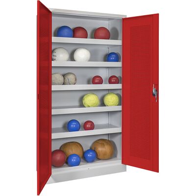 Ball-Flügeltürschrank, Höhe 1950 mm, mit Lochblech-Türen, Breite 1000 mm, grau / rot Pavoy Ball-Flügeltürschrank, Höhe 1950 mm, mit Lochblech-Türen, Breite 1000 mm, grau / rot Pavoy