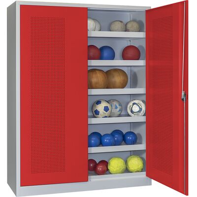 Ball-Flügeltürschrank, Höhe 1950 mm, mit Lochblech-Türen, Breite 1500 mm, grau / rot Pavoy Ball-Flügeltürschrank, Höhe 1950 mm, mit Lochblech-Türen, Breite 1500 mm, grau / rot Pavoy