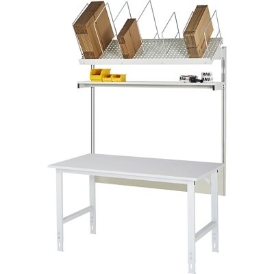 Packtisch komplett, manuell höhenverstellbar, Set 1 mit Etagenbord, BxT 1500 x 800 mm, Melaminplatte RAU Packtisch komplett, manuell höhenverstellbar, Set 1 mit Etagenbord, BxT 1500 x 800 mm, Melaminplatte RAU