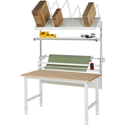 Packtisch komplett, manuell höhenverstellbar, Set 2 mit Etagenbord, Schneidgerät, Abrolleinheit, BxT 1500 x 800 mm, Buchenplatte RAU Packtisch komplett, manuell höhenverstellbar, Set 2 mit Etagenbord, Schneidgerät, Abrolleinheit, BxT 1500 x 800 mm, Buchenplatte RAU