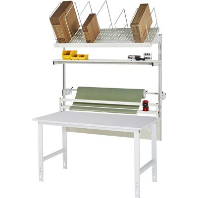 Packtisch komplett, manuell höhenverstellbar, Set 2 mit Etagenbord, Schneidgerät, Abrolleinheit, BxT 1500 x 1000 mm, Melaminplatte RAU Packtisch komplett, manuell höhenverstellbar, Set 2 mit Etagenbord, Schneidgerät, Abrolleinheit, BxT 1500 x 1000 mm, Melaminplatte RAU