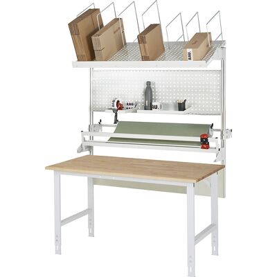 Packtisch komplett, manuell höhenverstellbar, Set 3 mit Lochplatte, Schneidgerät, Abrolleinheit, BxT 1500 x 1000 mm, Buchenplatte RAU Packtisch komplett, manuell höhenverstellbar, Set 3 mit Lochplatte, Schneidgerät, Abrolleinheit, BxT 1500 x 1000 mm, Buchenplatte RAU