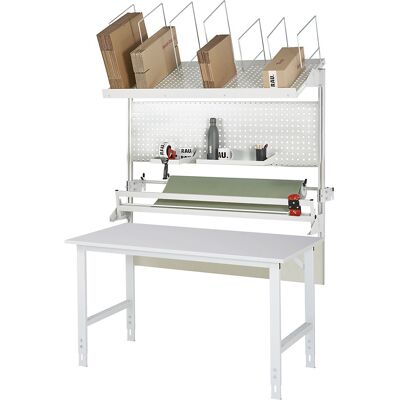 Packtisch komplett, manuell höhenverstellbar, Set 3 mit Lochplatte, Schneidgerät, Abrolleinheit, BxT 1500 x 1000 mm, Melaminplatte RAU Packtisch komplett, manuell höhenverstellbar, Set 3 mit Lochplatte, Schneidgerät, Abrolleinheit, BxT 1500 x 1000 mm, Melaminplatte RAU