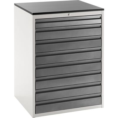 Schubladenschrank mit Teleskopführungen, Höhe 1030 mm, Schubladen 1 x 90, 7 x 120 mm, lichtgrau / anthrazit, Breite 770 mm RAU Schubladenschrank mit Teleskopführungen, Höhe 1030 mm, Schubladen 1 x 90, 7 x 120 mm, lichtgrau / anthrazit, Breite 770 mm RAU