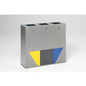 Wertstoffsammelstation TRAPEZ, 3 x 89 l, mit Aufsatz und Klemmring, silber mit 3 Einsätzen gelb / antiksilber / blau VAR Wertstoffsammelstation TRAPEZ, 3 x 89 l, mit Aufsatz und Klemmring, silber mit 3 Einsätzen gelb / antiksilber / blau VAR