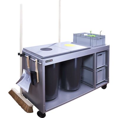 Reinigungsstation Duo, mit 2 x 60-l-Abfallbehälter und 3 Schubkästen, silber FLORA Reinigungsstation Duo, mit 2 x 60-l-Abfallbehälter und 3 Schubkästen, silber FLORA