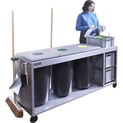 Reinigungsstation Trio Plus, mit 3 x 60-l-Abfallbehälter und 3 Schubkästen, silber FLORA Reinigungsstation Trio Plus, mit 3 x 60-l-Abfallbehälter und 3 Schubkästen, silber FLORA