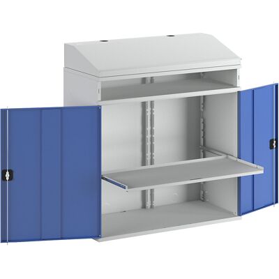 Industrie-Stehpult, mit offenem Fach über dem Schrank, Breite 1100 mm, lichtgrau / enzianblau RAU Industrie-Stehpult, mit offenem Fach über dem Schrank, Breite 1100 mm, lichtgrau / enzianblau RAU