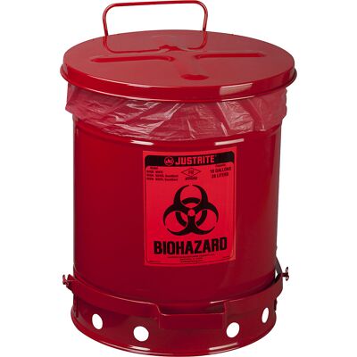 Stahlblech-Sicherheits-Entsorgungsbehälter für biogefährliche Abfälle, BIOHAZARD-Aufkleber, Volumen 34 l, mit Pedal, rot, ab 5 Stk Justrite Stahlblech-Sicherheits-Entsorgungsbehälter für biogefährliche Abfälle, BIOHAZARD-Aufkleber, Volumen 34 l, mit Pedal, rot, ab 5 Stk Justrite