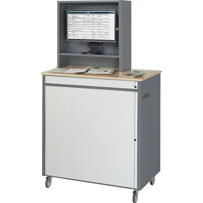 Computer-Arbeitsplatz, HxBxT 1810 x 1030 x 660 mm, mit Monitorgehäuse, fahrbar, anthrazit-metallic / enzianblau RAU Computer-Arbeitsplatz, HxBxT 1810 x 1030 x 660 mm, mit Monitorgehäuse, fahrbar, anthrazit-metallic / enzianblau RAU