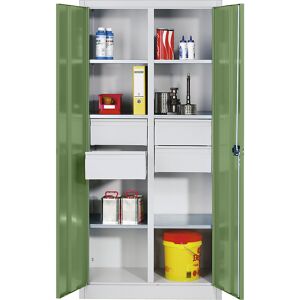 Materialschrank aus Stahlblech, 6 Fachböden, 4 Schubladen, HxBxT 1950 x 1200 x 500 mm, Türe resedagrün, Korpus lichtgrau C+P Materialschrank aus Stahlblech, 6 Fachböden, 4 Schubladen, HxBxT 1950 x 1200 x 500 mm, Türe resedagrün, Korpus lichtgrau C+P