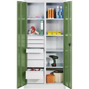 Materialschrank aus Stahlblech, 6 Fachböden, 8 Schubladen, HxBxT 1950 x 930 x 500 mm, Türe resedagrün, Korpus lichtgrau C+P Materialschrank aus Stahlblech, 6 Fachböden, 8 Schubladen, HxBxT 1950 x 930 x 500 mm, Türe resedagrün, Korpus lichtgrau C+P