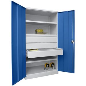 Schwerlastschrank, Höhe 1950 mm, 3 Fachböden, 3 Schubladen à 175 mm, grau / blau Pavoy Schwerlastschrank, Höhe 1950 mm, 3 Fachböden, 3 Schubladen à 175 mm, grau / blau Pavoy