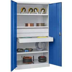 Schwerlastschrank, Höhe 1950 mm, 3 Fachböden, 3 Schubladen à 125 mm, grau / blau Pavoy Schwerlastschrank, Höhe 1950 mm, 3 Fachböden, 3 Schubladen à 125 mm, grau / blau Pavoy