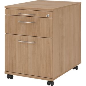 Rollcontainer, 1 Utensilienschub, 1 Materialschub, 1 Hängeregistratur, Tiefe 580 mm, Dekor Nussbaum eurokraft pro Rollcontainer, 1 Utensilienschub, 1 Materialschub, 1 Hängeregistratur, Tiefe 580 mm, Dekor Nussbaum eurokraft pro