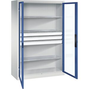 Sichtfenster-Flügeltürschrank, HxBxT 1950 x 1200 x 500 mm, 3 Fachböden, 3 Schubladen, lichtgrau / enzianblau C+P Sichtfenster-Flügeltürschrank, HxBxT 1950 x 1200 x 500 mm, 3 Fachböden, 3 Schubladen, lichtgrau / enzianblau C+P