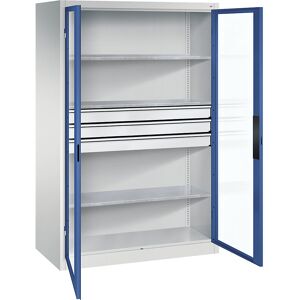 Sichtfenster-Flügeltürschrank, HxBxT 1950 x 1200 x 600 mm, 3 Fachböden, 3 Schubladen, lichtgrau / enzianblau C+P Sichtfenster-Flügeltürschrank, HxBxT 1950 x 1200 x 600 mm, 3 Fachböden, 3 Schubladen, lichtgrau / enzianblau C+P