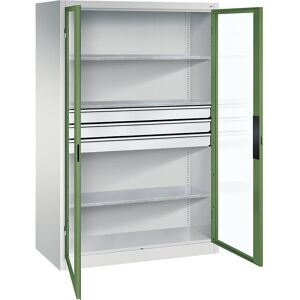 Sichtfenster-Flügeltürschrank, HxBxT 1950 x 1200 x 600 mm, 3 Fachböden, 3 Schubladen, lichtgrau / resedagrün C+P Sichtfenster-Flügeltürschrank, HxBxT 1950 x 1200 x 600 mm, 3 Fachböden, 3 Schubladen, lichtgrau / resedagrün C+P