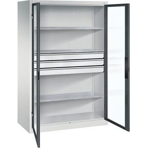 Sichtfenster-Flügeltürschrank, HxBxT 1950 x 1200 x 600 mm, 3 Fachböden, 3 Schubladen, lichtgrau / anthrazitgrau C+P Sichtfenster-Flügeltürschrank, HxBxT 1950 x 1200 x 600 mm, 3 Fachböden, 3 Schubladen, lichtgrau / anthrazitgrau C+P