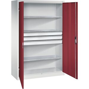 Werkstatt-Flügeltürschrank mit Schubladen, BxT 1200 x 500 mm, 3 Fachböden, lichtgrau / rubinrot C+P Werkstatt-Flügeltürschrank mit Schubladen, BxT 1200 x 500 mm, 3 Fachböden, lichtgrau / rubinrot C+P