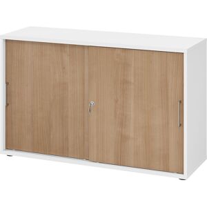 Schiebetürenschrank, Höhe 748 mm, 1 Fachboden, weiß / Nussbaum-Dekor eurokraft pro Schiebetürenschrank, Höhe 748 mm, 1 Fachboden, weiß / Nussbaum-Dekor eurokraft pro