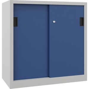 Schiebetürenschrank, Höhe 1000 mm, Vollblechtüren, BxT 1000 x 500 mm, mit 2 Fachböden, Tür enzianblau Pavoy Schiebetürenschrank, Höhe 1000 mm, Vollblechtüren, BxT 1000 x 500 mm, mit 2 Fachböden, Tür enzianblau Pavoy