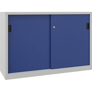 Schiebetürenschrank, Höhe 1000 mm, Vollblechtüren, BxT 1500 x 500 mm, mit Trennwand und 2 x 2 Fachböden, Tür enzianblau Pavoy Schiebetürenschrank, Höhe 1000 mm, Vollblechtüren, BxT 1500 x 500 mm, mit Trennwand und 2 x 2 Fachböden, Tür enzianblau Pavoy