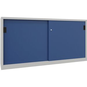 Schiebetürenschrank, Höhe 1000 mm, Vollblechtüren, BxT 2000 x 500 mm, mit Trennwand und 2 x 2 Fachböden, Tür enzianblau Pavoy Schiebetürenschrank, Höhe 1000 mm, Vollblechtüren, BxT 2000 x 500 mm, mit Trennwand und 2 x 2 Fachböden, Tür enzianblau Pavoy