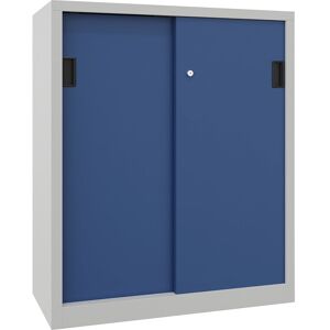 Schiebetürenschrank, Höhe 1200 mm, Vollblechtüren, BxT 1000 x 500 mm, mit 2 Fachböden, Tür enzianblau Pavoy Schiebetürenschrank, Höhe 1200 mm, Vollblechtüren, BxT 1000 x 500 mm, mit 2 Fachböden, Tür enzianblau Pavoy