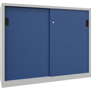 Schiebetürenschrank, Höhe 1200 mm, Vollblechtüren, BxT 1500 x 400 mm, mit Trennwand und 2 x 2 Fachböden, Tür enzianblau Pavoy Schiebetürenschrank, Höhe 1200 mm, Vollblechtüren, BxT 1500 x 400 mm, mit Trennwand und 2 x 2 Fachböden, Tür enzianblau Pavoy