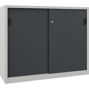 Schiebetürenschrank, Höhe 1200 mm, Vollblechtüren, BxT 1500 x 500 mm, mit Trennwand und 2 x 2 Fachböden, Tür anthrazit Pavoy Schiebetürenschrank, Höhe 1200 mm, Vollblechtüren, BxT 1500 x 500 mm, mit Trennwand und 2 x 2 Fachböden, Tür anthrazit Pavoy